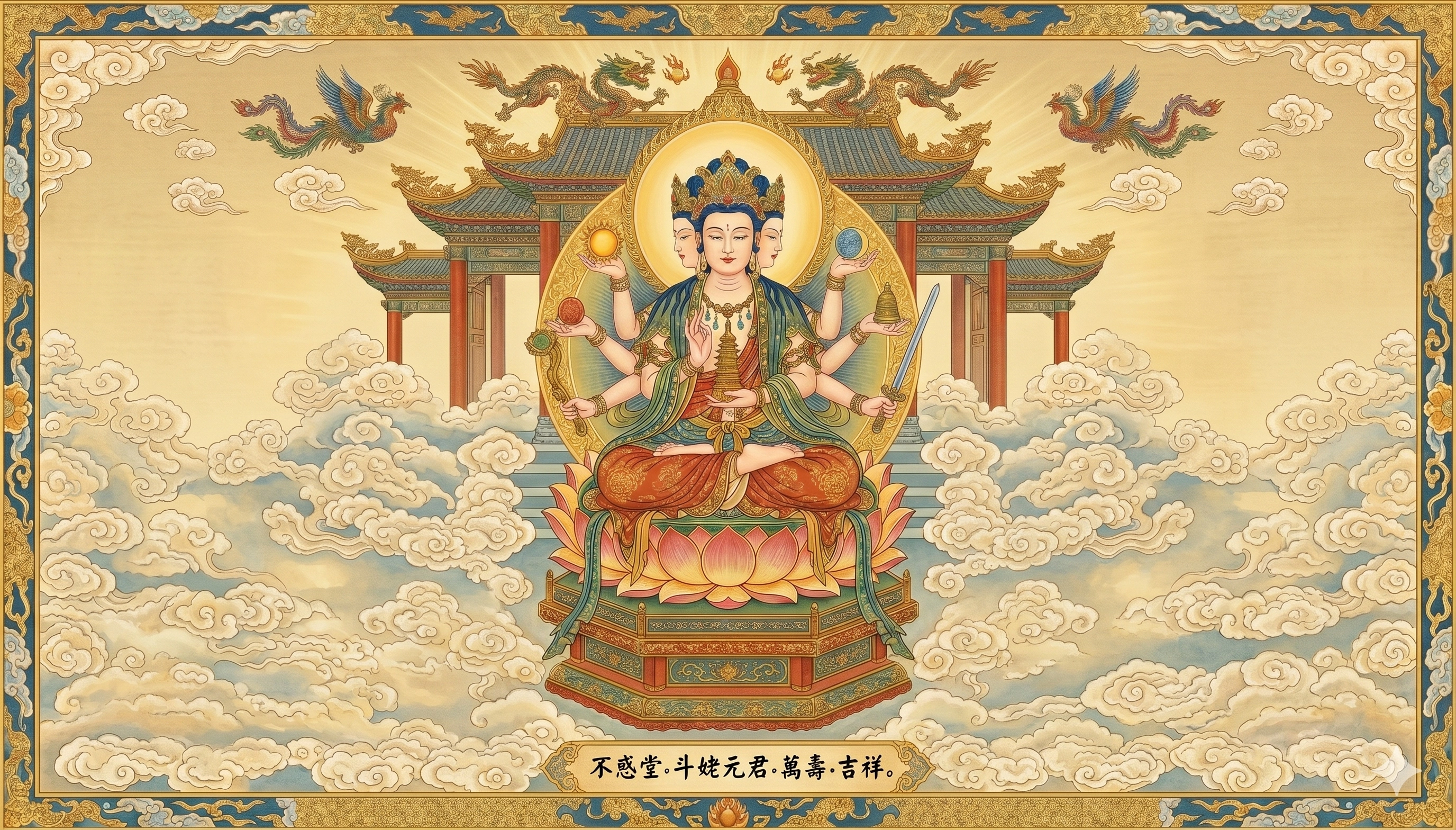 斗姥元君多手的造像象徵其能同時觀照宇宙各方，手持日月反映了對時間與陰陽能量的絕對掌控，是生命混亂中的定心石。