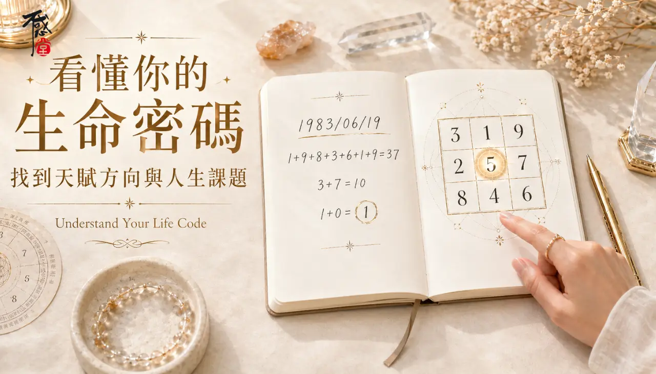 生命密碼計算方式與九宮格數字對照，帶出命數推算、天賦方向與人生課題重點