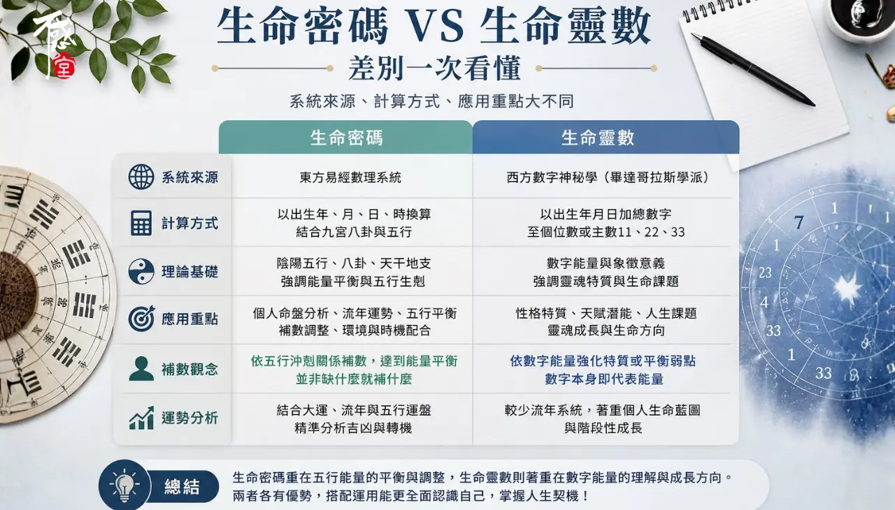 生命密碼與生命靈數比較表，整理計算方式、五行補數觀念與運勢分析差異