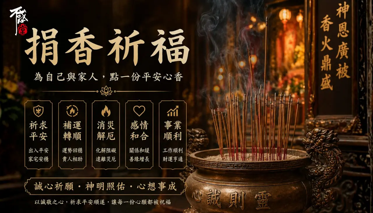 捐香祈福香爐與寺廟供桌，祈求平安補運消災解厄與事業感情順利