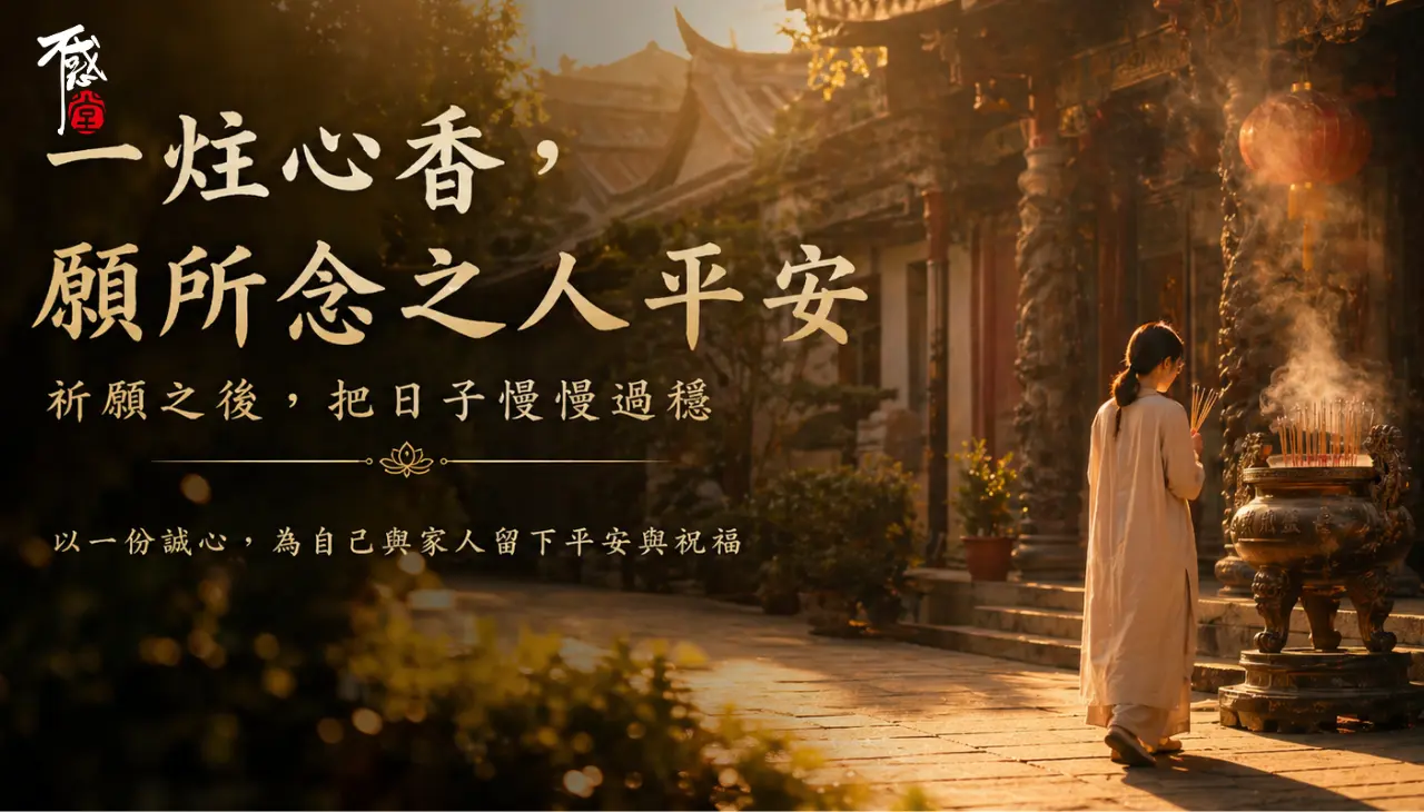 寺廟夕陽光影中信眾持香祈願，象徵一炷心香為自己與家人祈求平安祝福