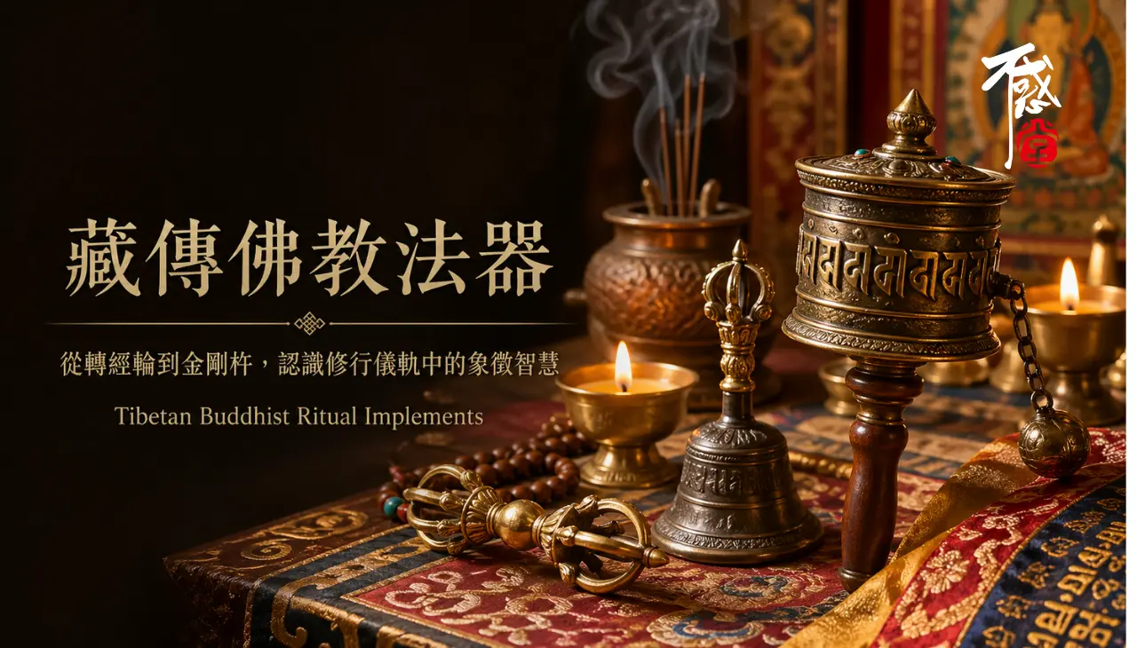 藏傳佛教法器展示轉經輪金剛杵鈴杵與酥油燈呈現修行儀軌文化
