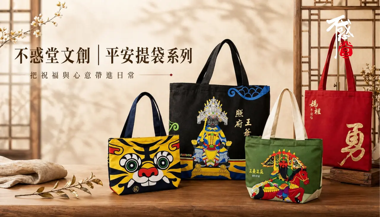 不惑堂文創平安提袋系列，結合媽祖、虎爺與王爺意象的台灣文化帆布提袋