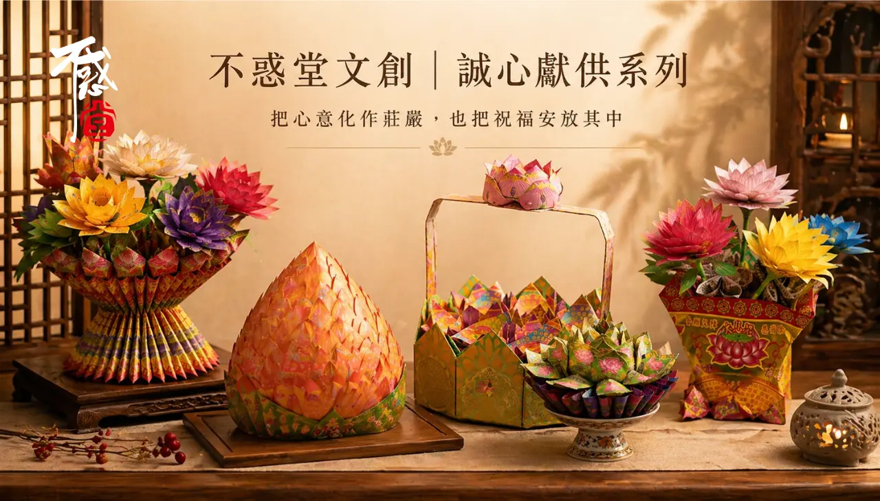 不惑堂文創誠心獻供系列，展示紙藝蓮花、壽桃供品與祈福供花設計