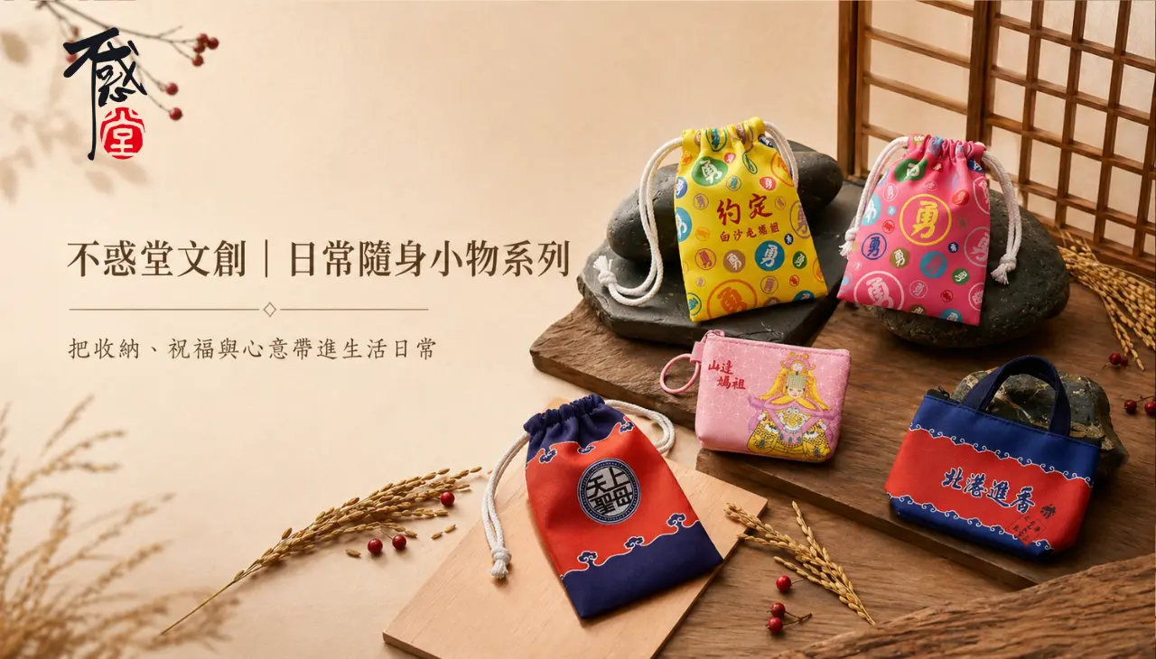 不惑堂文創日常隨身小物系列，展示祈福束口袋、媽祖小包與平安收納袋設計
